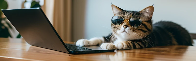 Realistic photos、4K, 8k,masterpiece, A cat wearing sunglasses operates a computer, on the desk, （Resort）, vivid,Real cat
