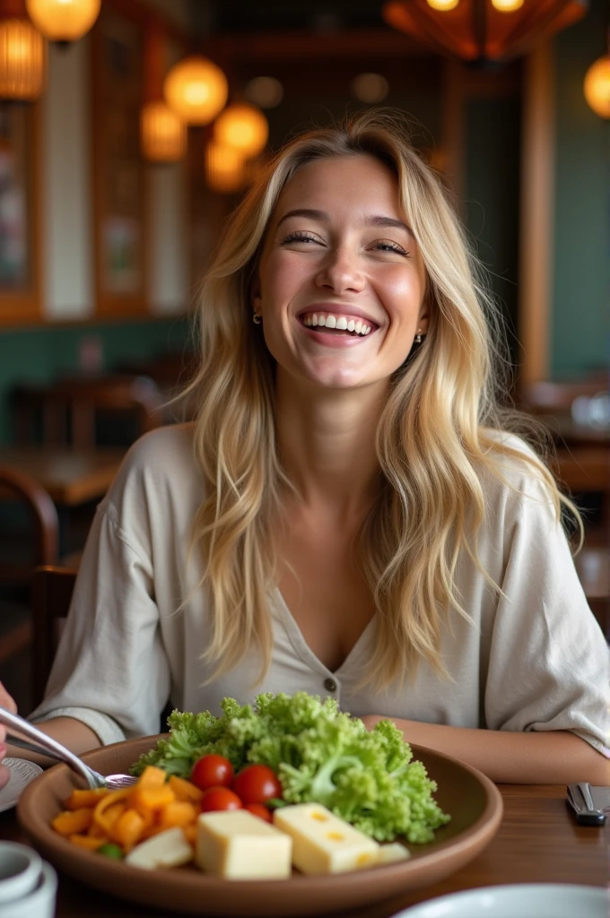 Realistic picture of a young blond-haired woman, who is sitting laughing in front of a healthy vegetable and cheese plate in the Asian restaurant.