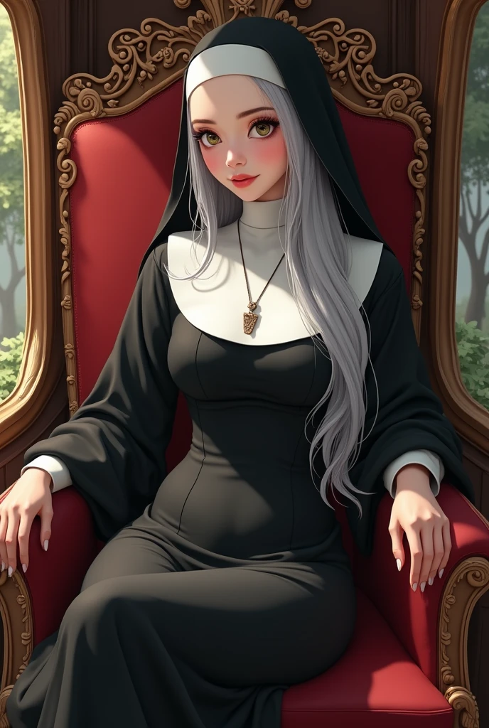 Young woman,Twenty-five years old, Beautiful face, Asian face, Long silver hair, Wearing a tight nun costume, Revealing slender legs, Central Europe, Big chest, Thin waist, Big butt, Sitting in a carriage, luxurious, Middle Ages, Drawing style: Manga 2.5D