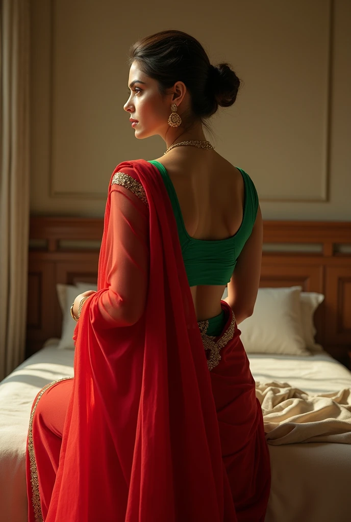 Beautiful and Slim Indian woman Aishwarya Rai in green satin blouse red saree , tied hair bun, lifting a man above her shoulders, man is sitting on woman's shoulders and showing his back, in a bedroom with high ceiling, woman is showing her back to the camera , full body view