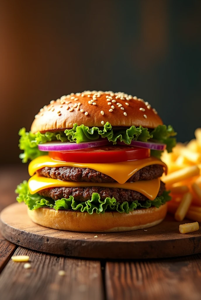 a double cheeseburger with lettuce, tomato, onions, and cheddar cheese on a sesame seed bun, on a wooden table, with a side of crispy fries, detailed, photorealistic, 8k, high quality, beautifully lit, warm colors, food photography