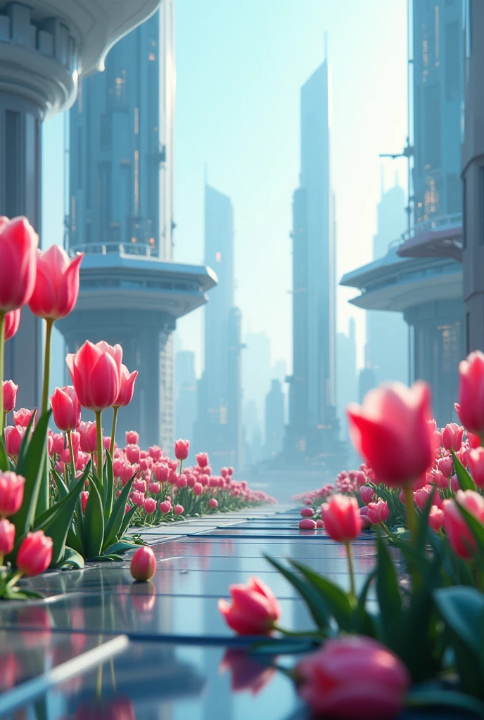 Create a futuristic image with tulips and the word "Patricia"