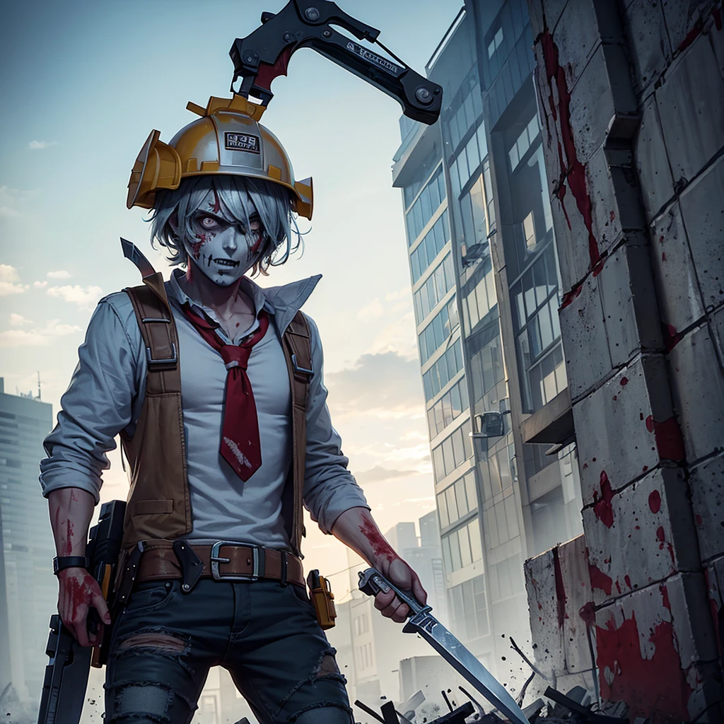 One  Zombie bob the builder with constructon helmet, long scars in the face,  with a bloody long knife 