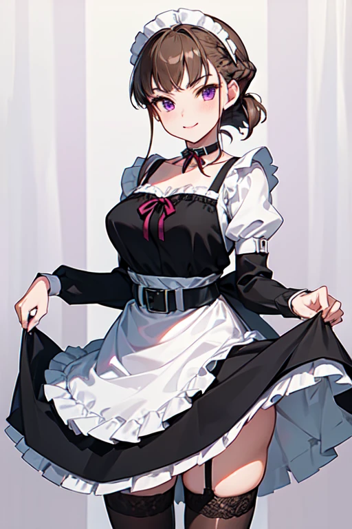 nice with you, short hair, braided hair, brown hair, violet eyes, woman, solo, Maid clothes, stockings, choker, apronスカート, apron, Frills, ribbon, collar, cuffs,