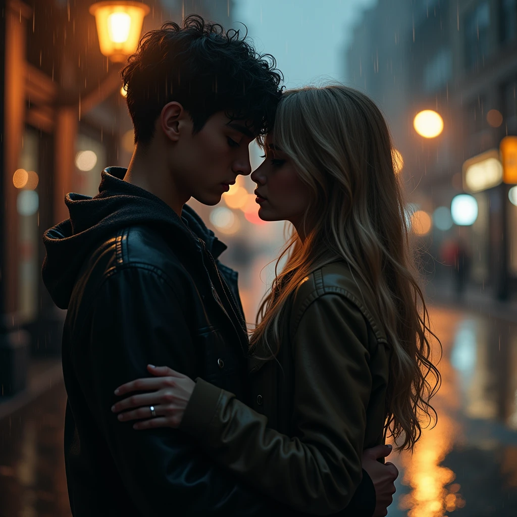 A age couple hug each other, rain, drops, roads, street lights, grass on road, light water on road, drops of rain. High Resolution, Masterpiece, Accurate, Detail, Textured Skin, UHD, Breasts, Long Hair, Short Hair, Blonde Hair, Black Hair, Wide Shot, Feet Out Of Frame,