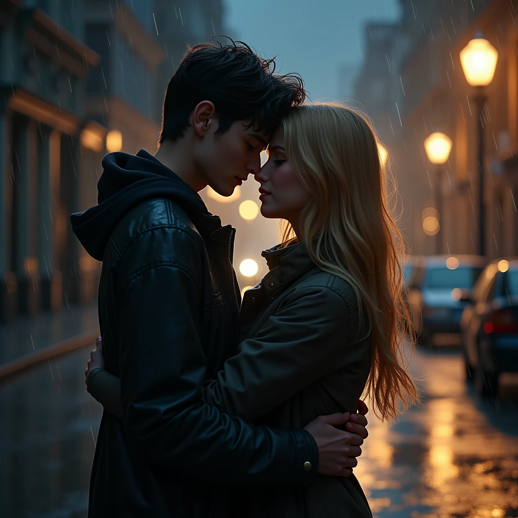 A teen age couple hug each other, rain, drops, roads, street lights, grass on road, light water on road, drops of rain. High Resolution, Masterpiece, Accurate, Detail, Textured Skin, UHD, Breasts, Long Hair, Short Hair, Blonde Hair, Black Hair, Wide Shot, Feet Out Of Frame,