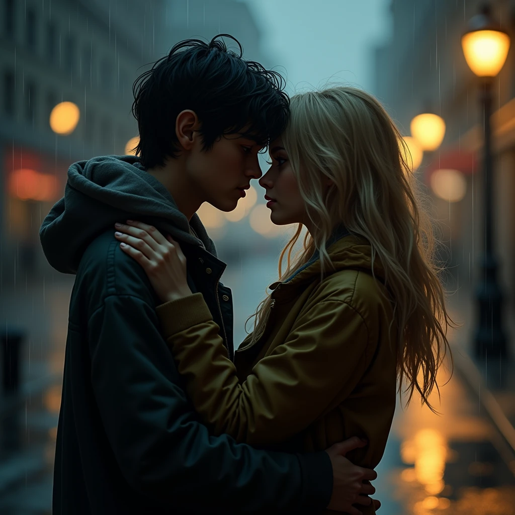 A  couple hug each other, rain, drops, roads, street lights, grass on road, light water on road, drops of rain. High Resolution, Masterpiece, Accurate, Detail, Textured Skin, UHD, Breasts, Long Hair, Short Hair, Blonde Hair, Black Hair, Wide Shot, Feet Out Of Frame, 