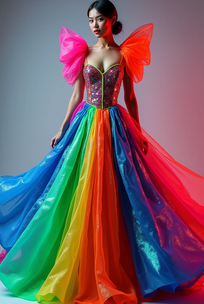 A dress with a cascade of sequins in bright neon colors, oversized bows, and a voluminous skirt that sways with movement.