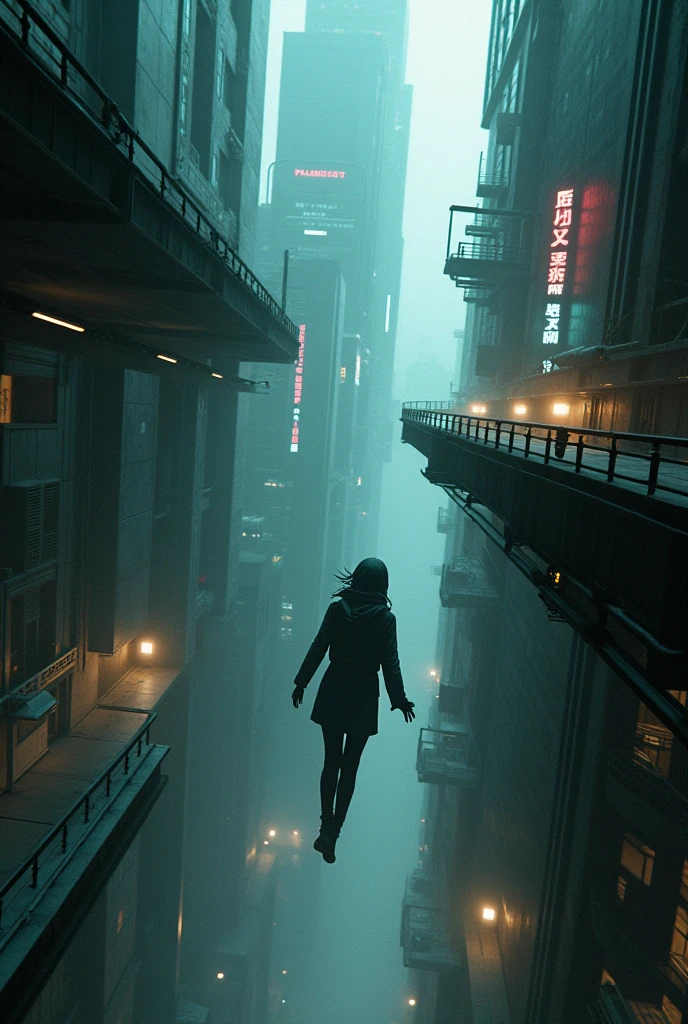 Imagine you are in depression and you are falling from a tall building in cyberpunk era