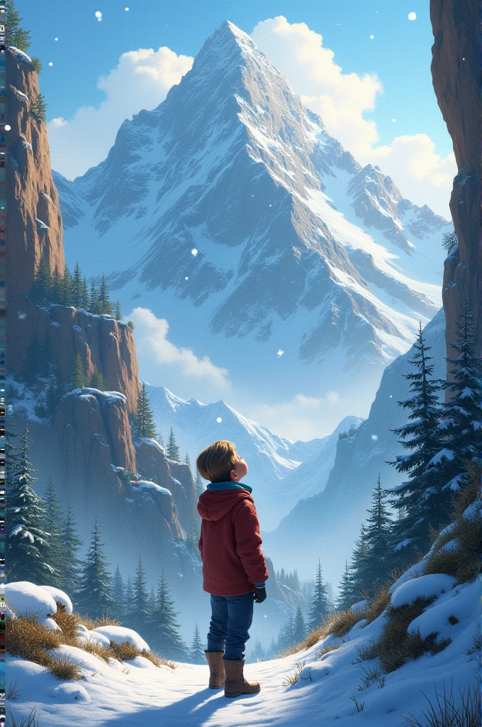 A boy stands in mountain and looking at sky and sky start snowing