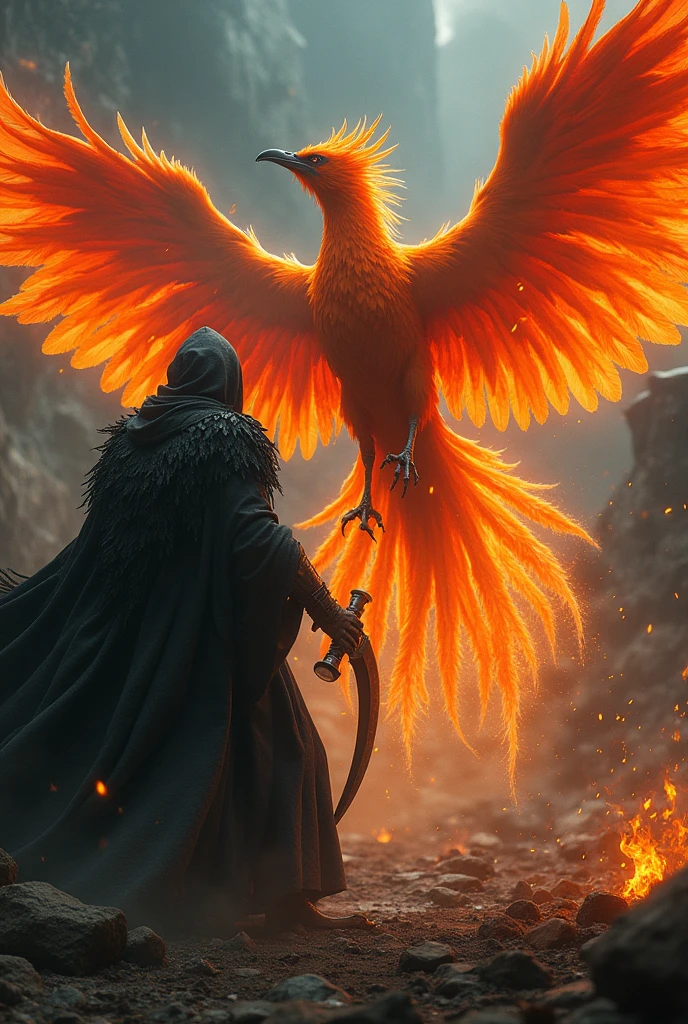 a mythical phoenix battling with grim reaper, dark dramatic fantasy scene, epic cinematic lighting, dramatic poses, intense action, hyper detailed, volumetric lighting, chiaroscuro, deep shadows, glowing embers, flowing phoenix feathers, grim reaper's tattered cloak, intricate textures, cinematic camera angle, dramatic color palette, moody atmosphere, award-winning digital art, unreal engine, 8k, highly detailed, photorealistic