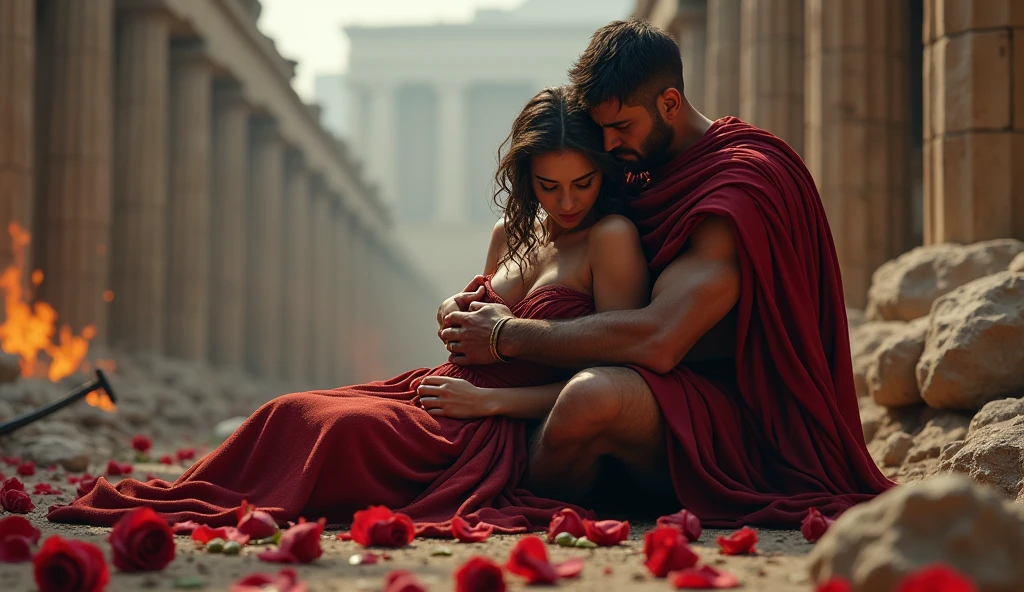 401 a.C; (masterpiece, best quality) destroyed city roses on the floor(Atenas); flowers on the ground; 1Greek soldier kissing his wife(close-up);roman sword on the floor.; fire around.