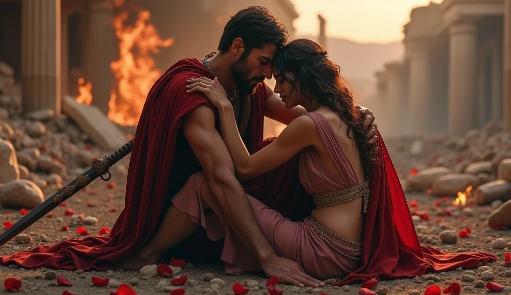 401 a.C; (masterpiece, best quality) destroyed city roses on the floor(Atenas); flowers on the ground; 1Greek soldier kissing his wife(close-up);roman sword on the floor.; fire around.