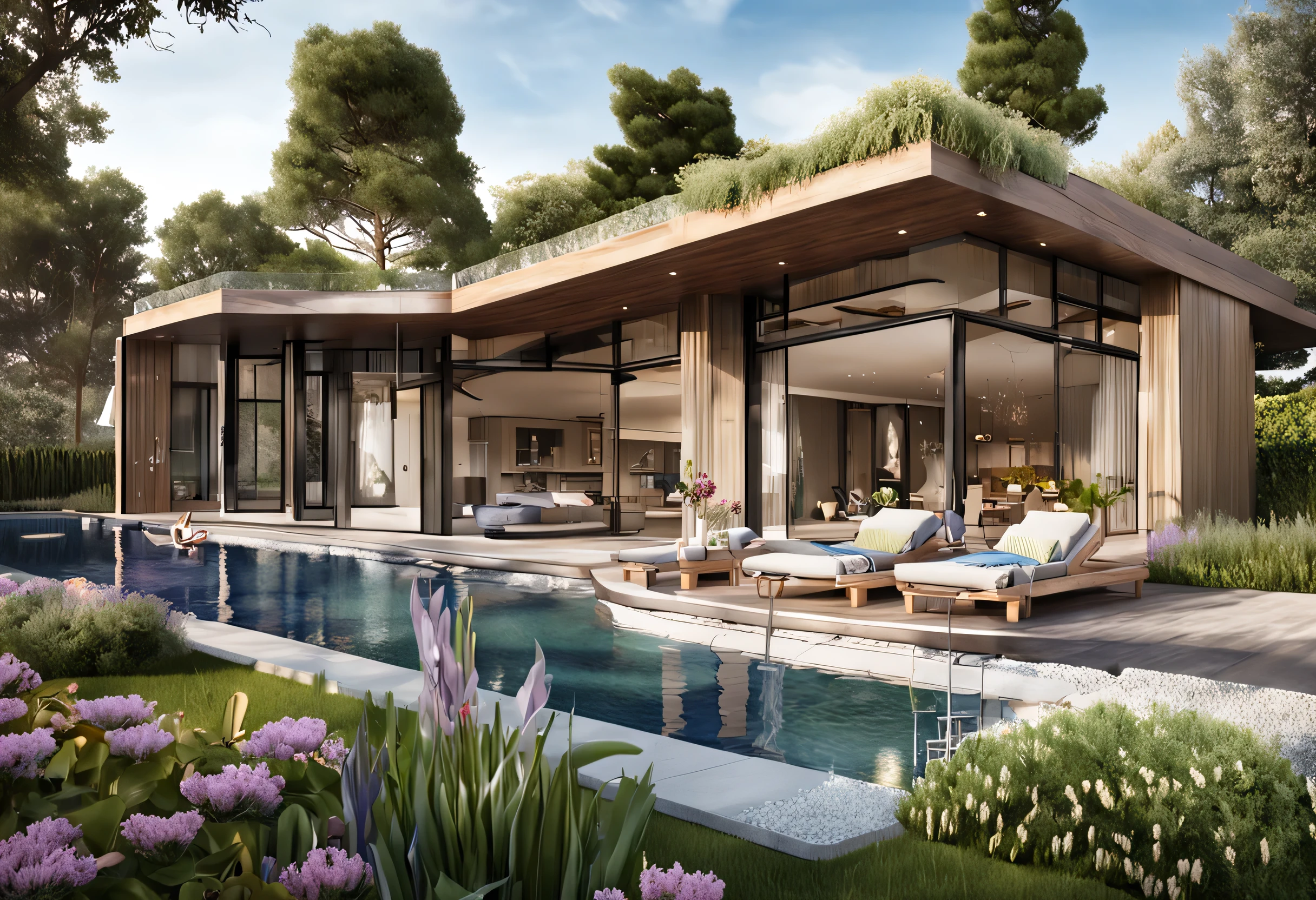 Organic modern architecture on a fairly large plot, from , there is a swimming pool in the middle of a large house of a flower, color of the house in chocolate brown and black beams, large modern residence, flat roofs and garden, render luxcore, render oktane, a photorealistic rendering, architectural rendering, mantra rendering, architectural rendering, realistic rendering, architectural visualization, wellness pool, Architectural visualization, large green zones, with small zones of lavender flowers, green shrubs type lush green garden, as well as small water mirrors, swimming pool embedded in an area of sand, olive and pine trees around the house, paddle court next to the house