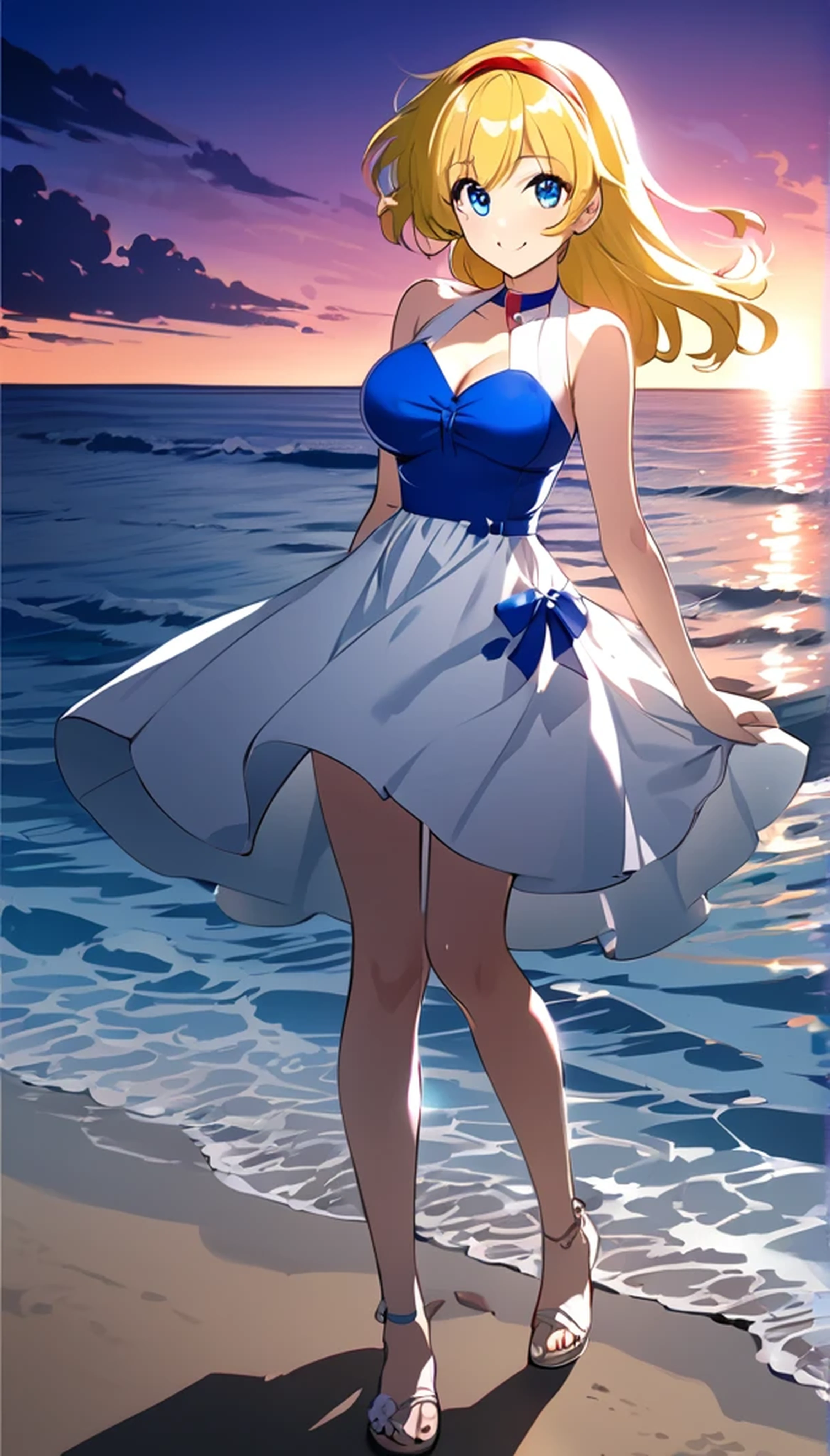 (Anime artwork, Anime Style, Studio Anime, Very detailed, up to date, Vibrant, Anime Coloring Book, High Contrast, masterpiece:1.2, Highest quality, Best aesthetics),((kisaragi honey:1.4)), (blonde hair:1.1), summer dress, (hair band, red), BREAK score_9, score_8_up, score_7_up, source_anime, best quality, (blue eyes:1.1), (She walked along the beach in the sunset, her bare feet touching the water, the closest she came to seeing that smile:1.1), (cinematic angle:1.1),