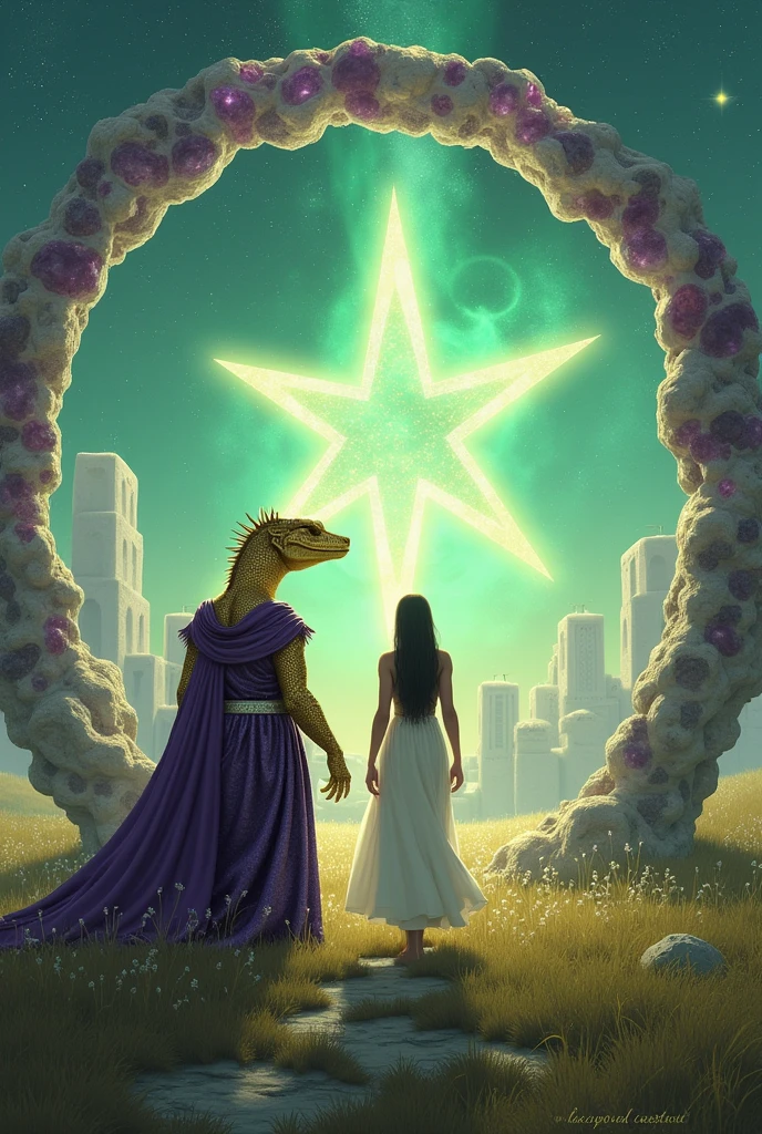 Reptilian with golden scales and a purple cloak and a silver belt , exit through a cosmic star portal made of amethysts, she guides a woman in a black tunic and white dress, Inside the portal there is a beautiful city of white buildings at night,  The portal is in the middle of a field, the sky is daytime and has a green nebula