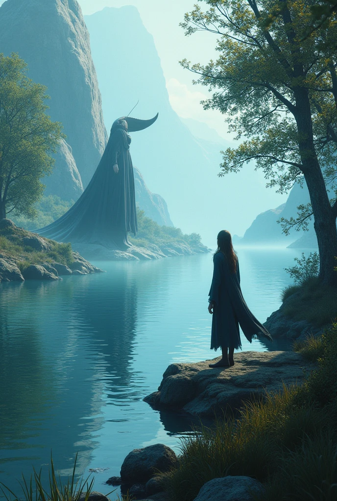 Imege of dinel watching vision standing on the lake corner 

