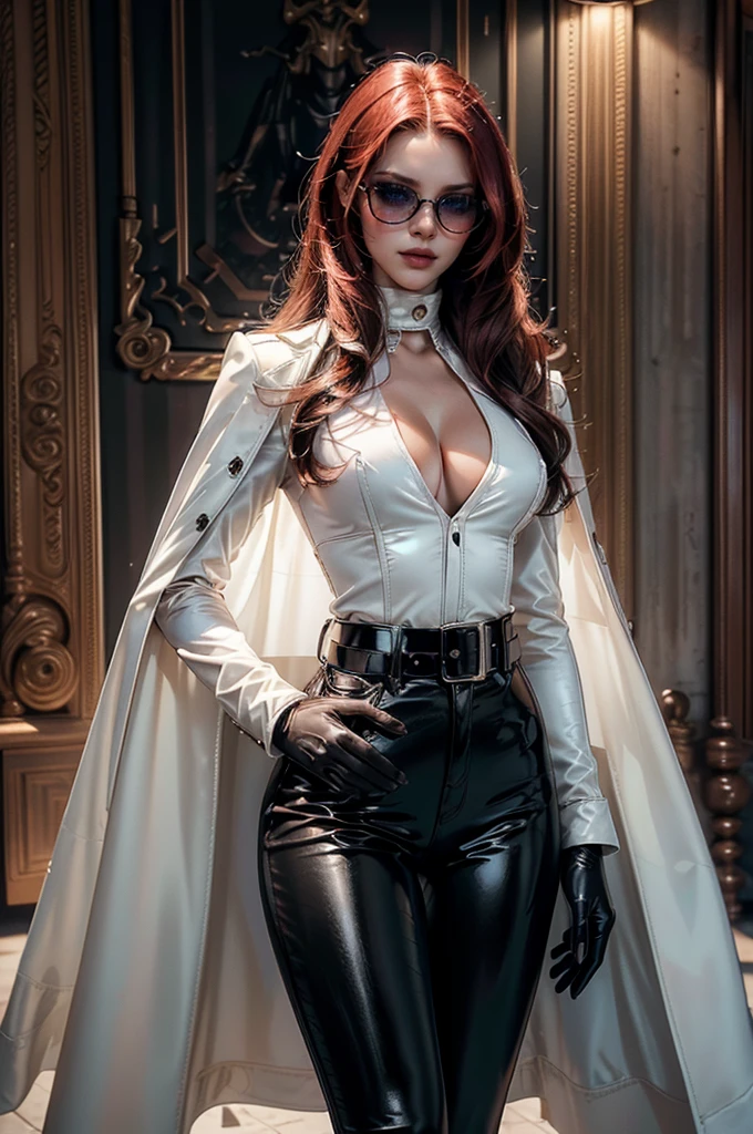 [cowboy shot], a beautiful young woman with long red hair, slim body, thin waist, narrow hips, detailed facial features, ((wearing high quality high waist black leather pants)), ((a formal white colored silk shirt with cleavage and long sleeves)), ((a white fur coat on shoulders)), ((red lining)), ((luxury waist belt)), ((slightly red tinted glasses)), ((black latex gloves)), ((expensive reflective silk scarf)), holding a handbag, hand on waist, (best quality,4k,8k,highres,masterpiece:1.2),ultra-detailed,(realistic,photorealistic,photo-realistic:1.37),high fashion,editorial,dramatic lighting,cinematic,vivid colors,intricate details, glamorous
