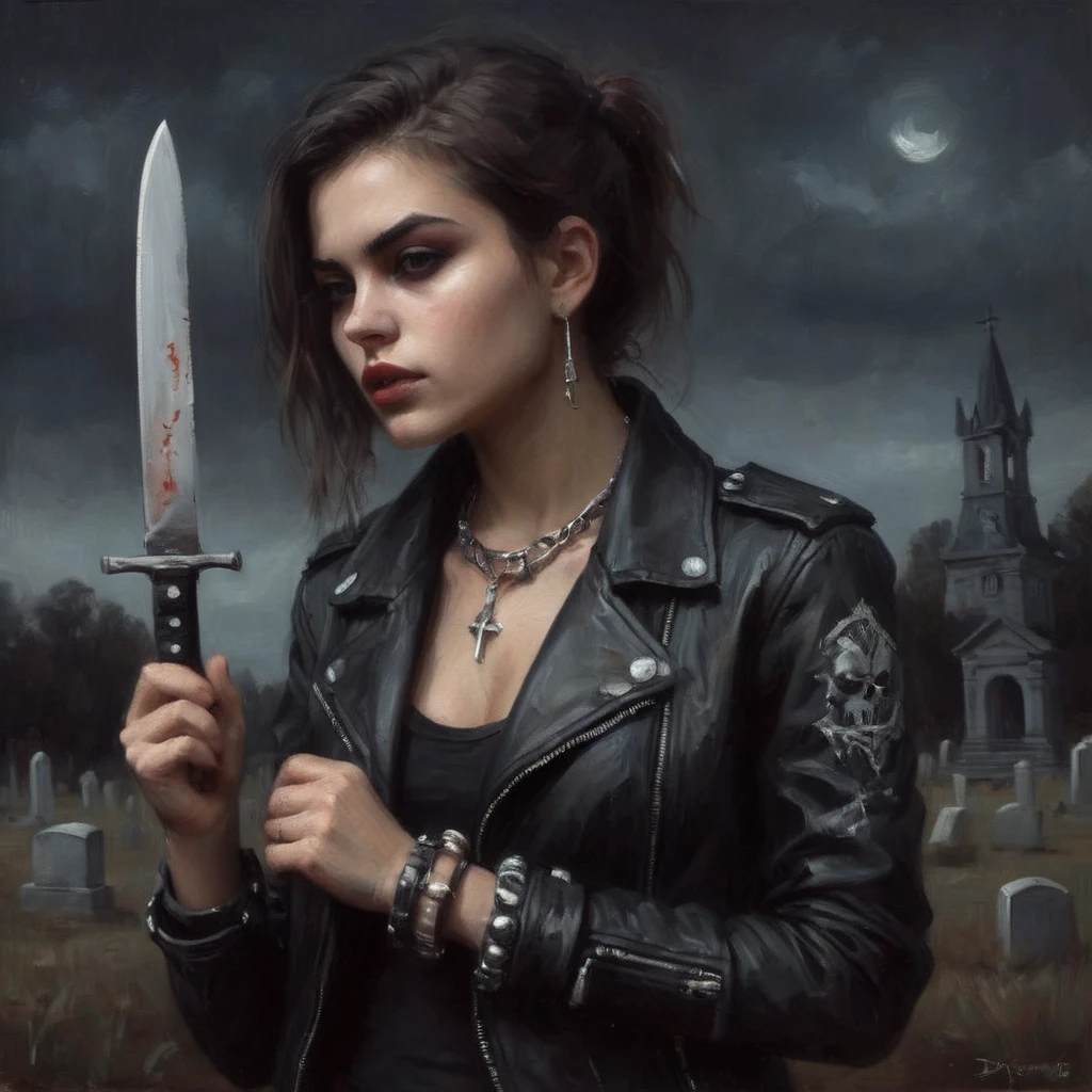 a crazy beautiful 20 years old girl, wearing a black leather jacket and spiked bracelet, holding a knife. night, dark cemetary. Inspired by Ed Repka and Dan Seagrave