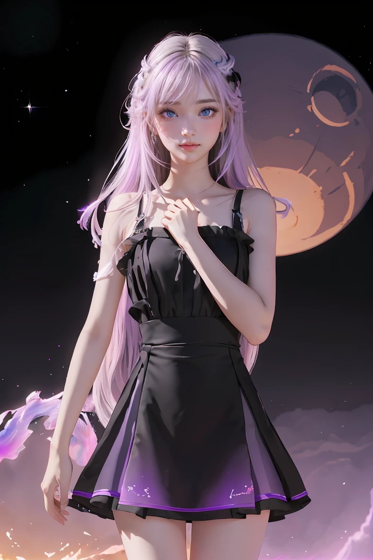 ((Masterpiece, best quality, very detailed), Volumetric light, surrounding occlusion, colorful, glow), Boy and girl, (Long hair with a gradient of white and purple),  radius, Aura, sacred, goddess,, (black dress:1.3), 
outdoor, sunset, sky, cloud, space, ((Shoot a few shots)),