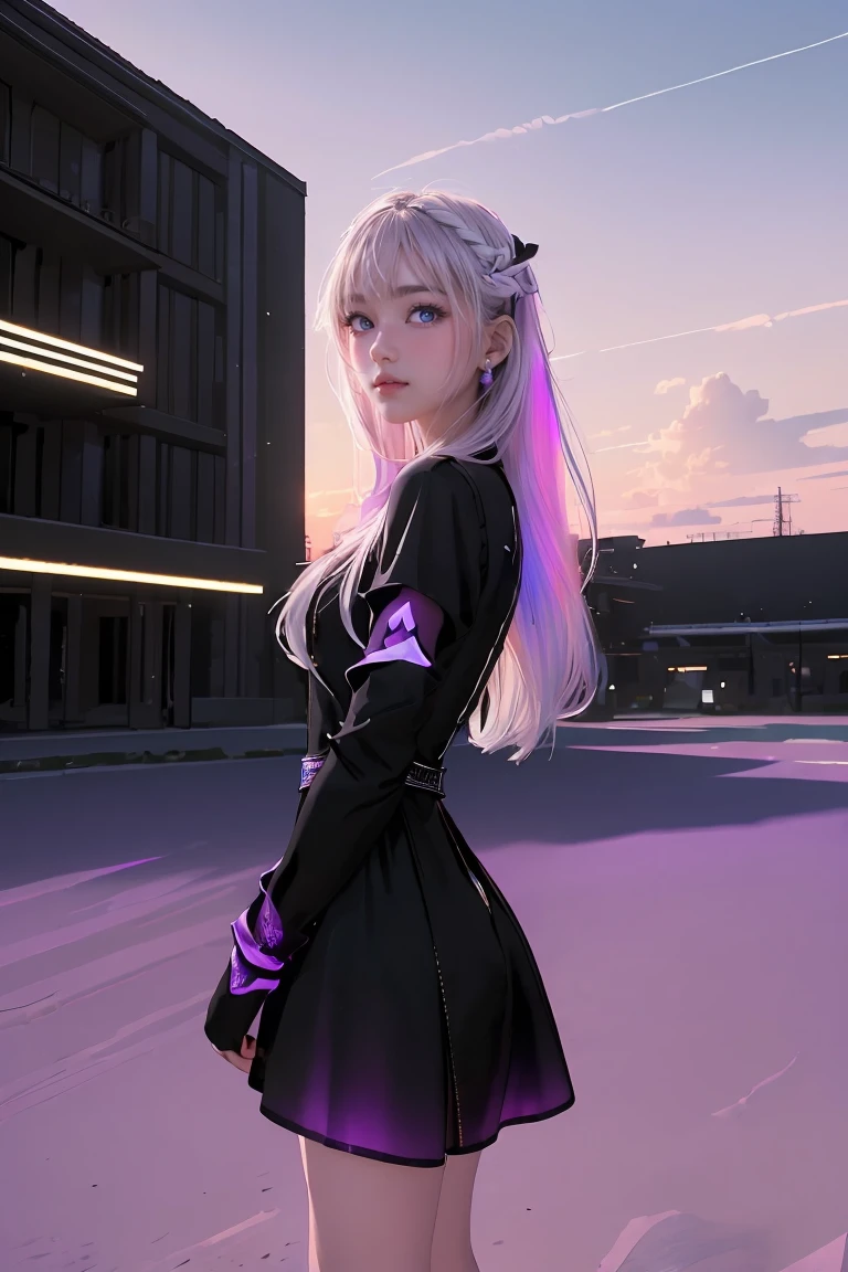 ((Masterpiece, best quality, very detailed), Volumetric light, surrounding occlusion, colorful, glow), Boy and girl, (Long hair with a gradient of white and purple),  radius, Aura, sacred, goddess,, (black dress:1.3), 
outdoor, sunset, sky, cloud, space, ((Shoot a few shots)),