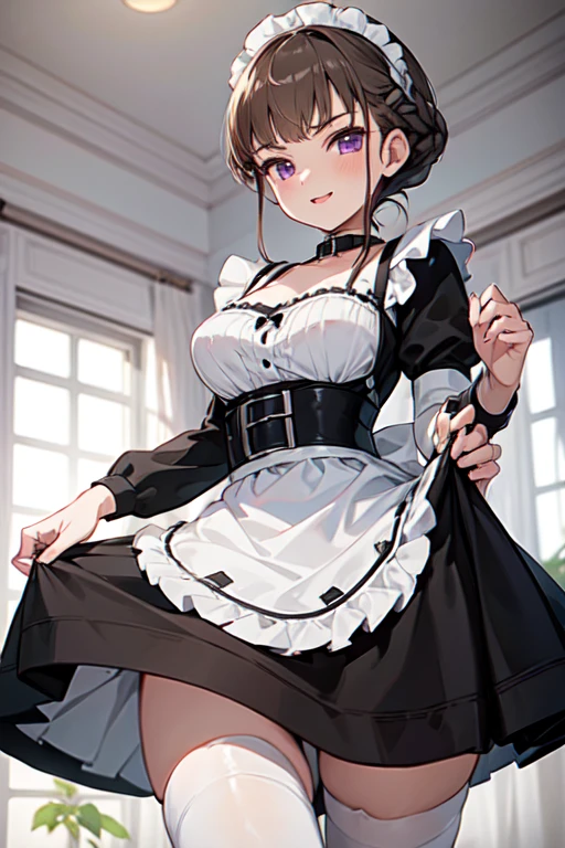 nice with you, short hair, braided hair, brown hair, violet eyes, woman, solo, Maid clothes, stockings, choker, apronスカート, apron, Frills, ribbon, collar, cuffs,