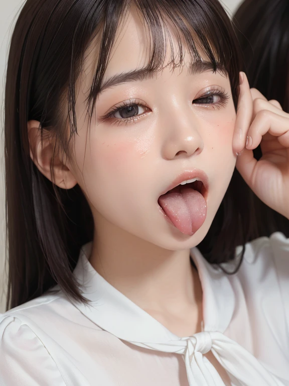 (masterpiece:1.3)、Very nice finish、(High resolution、8k:1.3)、(Highest quality、Ultra-realistic as a photo:1.5)、Sharp focus, 超High resolutionの顔、Ultra high definition and beautiful eyes、Eyes are symmetrical:1.3、High quality and beautiful skin、Firm Skin、(Only one person per image), ()、((White tight business blouse with collar))、(White bow tie blouse),(very cute、Amazing beautiful girl)、Natural Makeup, Glossy Lips、Wet eyes:1.3,, Embarrassing:1.3、(Bobcut),(Profile shot:1.7),(Please open your mouth wide:1.5)、(Wrinkles between the eyebrows:1.4)、(Scared expression:1.8)、(Please close your eyes completely:1.8),(single eyelid:1.5),(Droopy eyes:1.2),(Blushing:1.5),(Let your bangs hang down:1.7)、Low contrast lighting、(The top of your head fits in the frame:1.4)