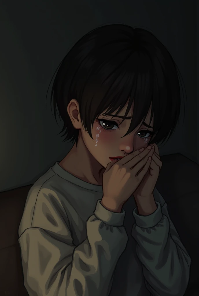 Kizi, with very short dark brown hair, dark shaped eyes, sobbing, scene in dark room