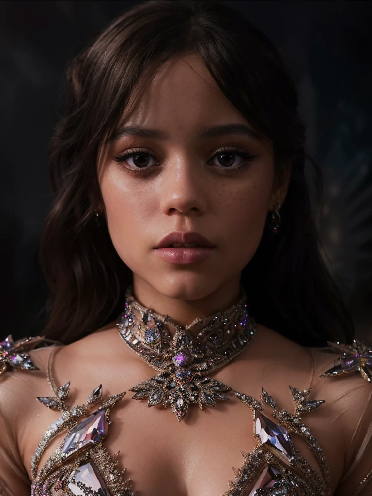Jenna Ortega in a crystal bodysuit, beautiful detailed eyes, beautiful detailed lips, extremely detailed face and features, long eyelashes, intricate crystal embellishments, reflective crystalline textures, glowing crystal shards, striking dramatic lighting, cinematic composition, dark moody atmosphere, deep rich colors, hyper realistic, 8k, ultra detailed, masterpiece, concept art