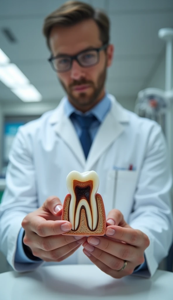 A dentist holding a model of a tooth showing enamel erosion, dark