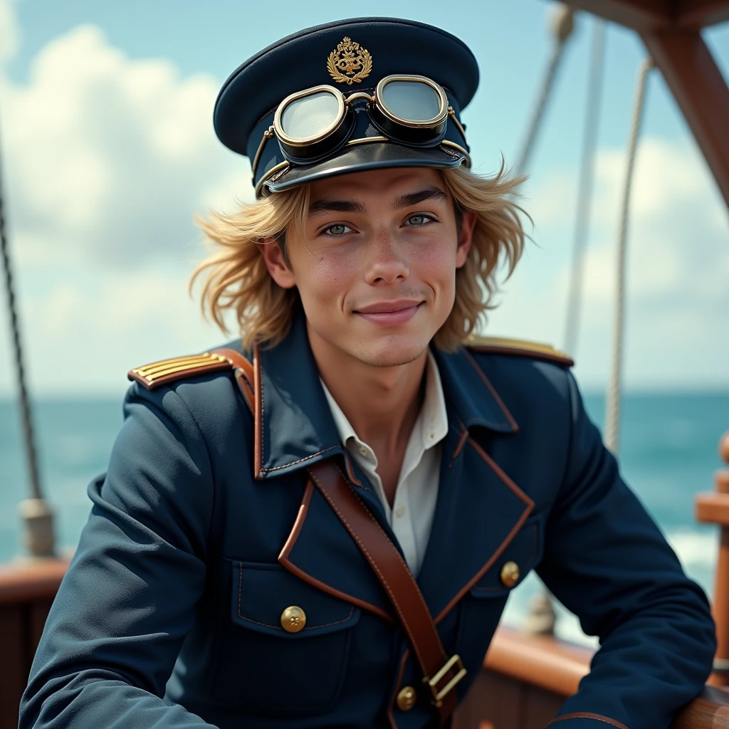 White male、(((1)))、美Shii若者、smile、blonde、semi-long、Baby Face、Rin々Shii、brave、skinny、(((Old burn scar around left eye)))、Top hats and goggles、Navy Costume、Jacket、On the boat、Genuine、Genuineistic、Live Action、High Resolution Black Hair,