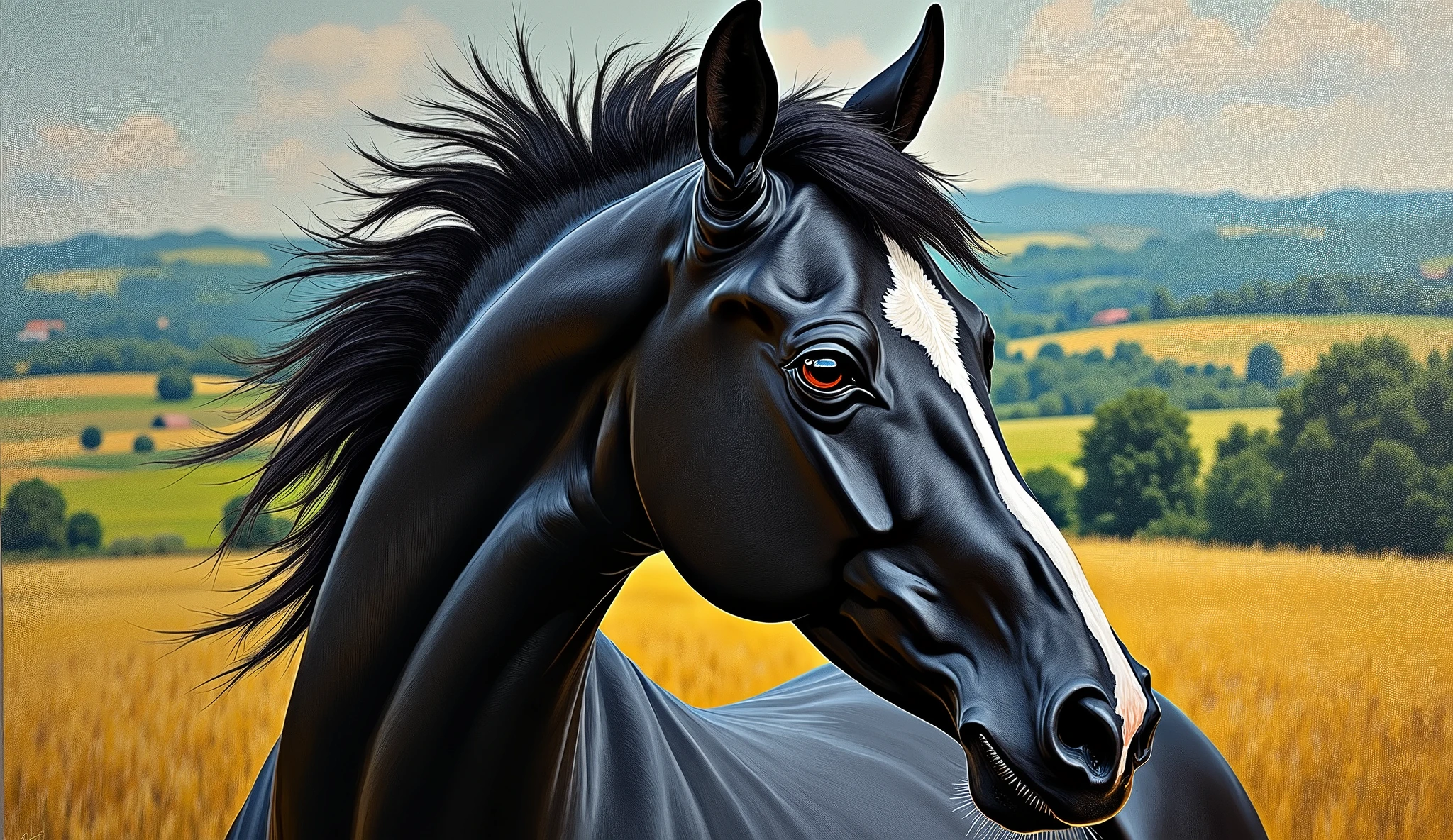 Create random classic masterpieces of Picasso in Ultra-High Definition, 64k resolution oil painting without a frame, using full dimensions of the selected resolution to fit the artwork image, finely detailed to perfection, art-punk, French style, countryside background, art germ, high-octane. A portrait of a young untamed beautiful aggressive black horse, an exact copy of the legendary Black Beauty film horse, an unreal engine, a master stroke of a legendary brush, a tribute to a legendary artist, super realistic, superhit,