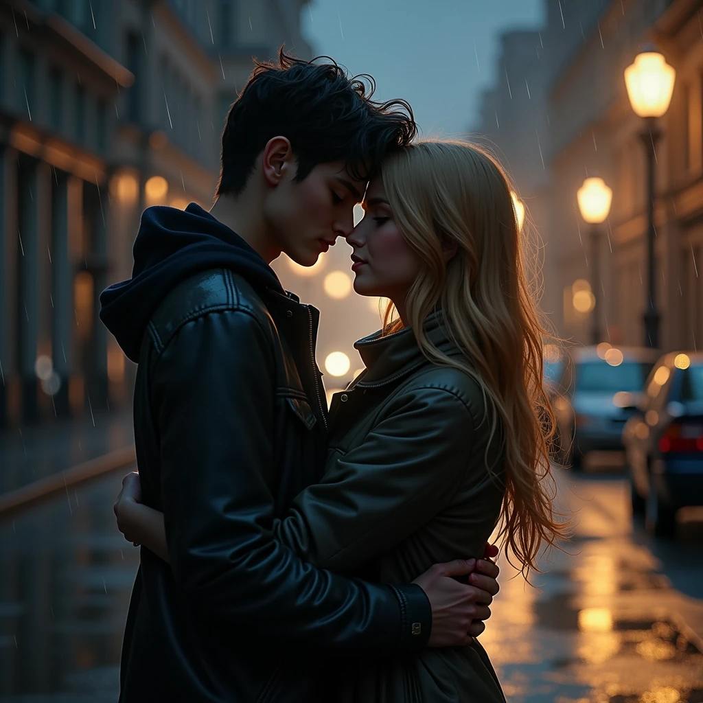 A teen age couple hug each other, rain, drops, roads, street lights, grass on road, light water on road, drops of rain. High Resolution, Masterpiece, Accurate, Detail, Textured Skin, UHD, Breasts, Long Hair, Short Hair, Blonde Hair, Black Hair, Wide Shot, Feet Out Of Frame, 