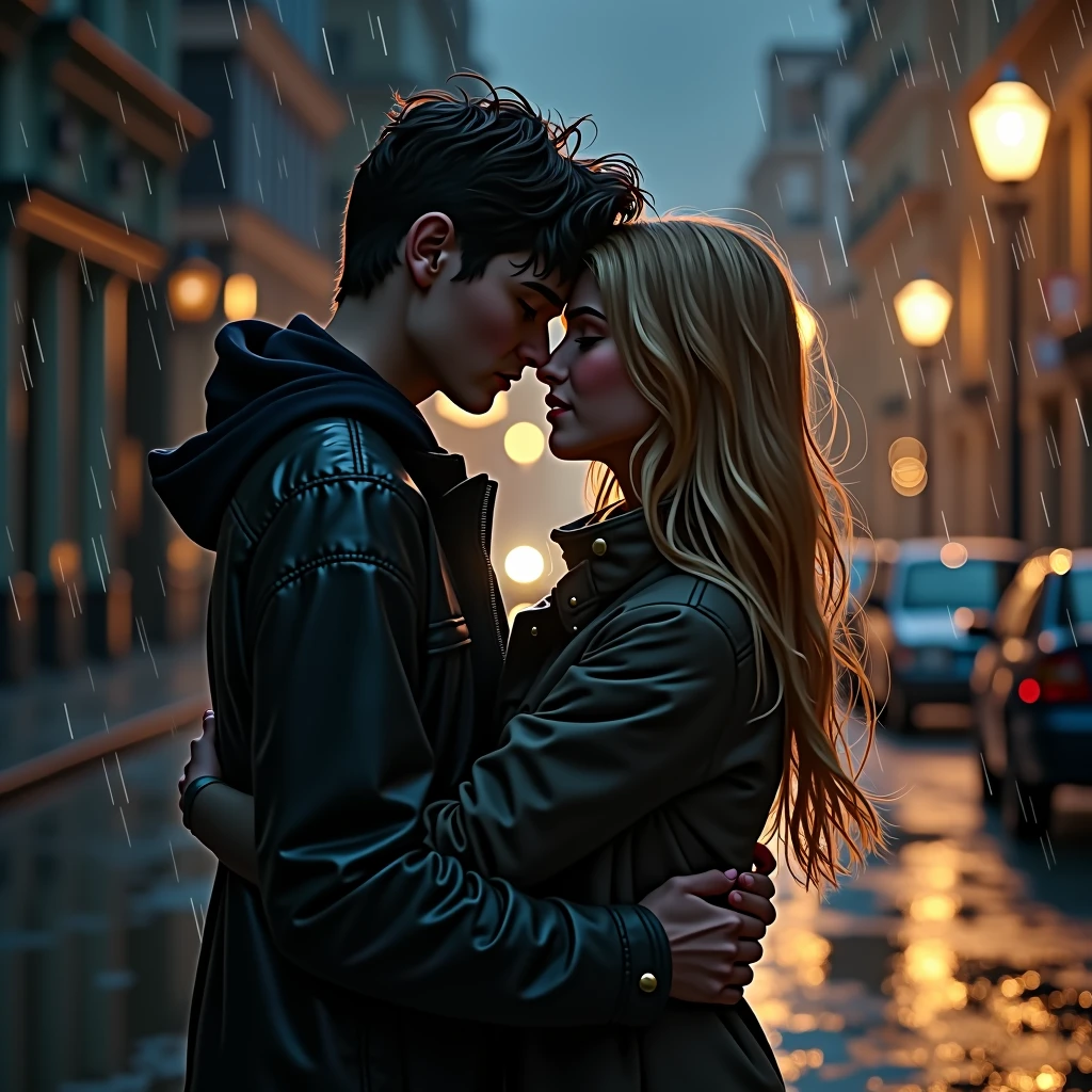 A teen age couple hug each other, rain, drops, roads, street lights, grass on road, light water on road, drops of rain. High Resolution, Masterpiece, Accurate, Detail, Textured Skin, UHD, Breasts, Long Hair, Short Hair, Blonde Hair, Black Hair, Wide Shot, Feet Out Of Frame, 
