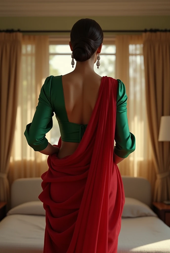 Beautiful and Slim Indian woman Aishwarya Rai in green satin blouse red saree , tied hair bun, lifting a man above her shoulders, man is sitting on woman's shoulders and showing his back, in a bedroom with high ceiling, woman is showing her back to the camera , full body view