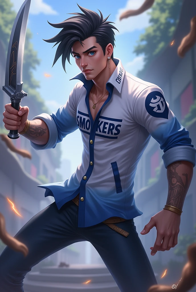 Game name:mobile legends bang bang games. Holding dagger in right hand.
Body size: no muscle man
Outfit: White and blue with clear and not hidden print "smokers".
Background realistic