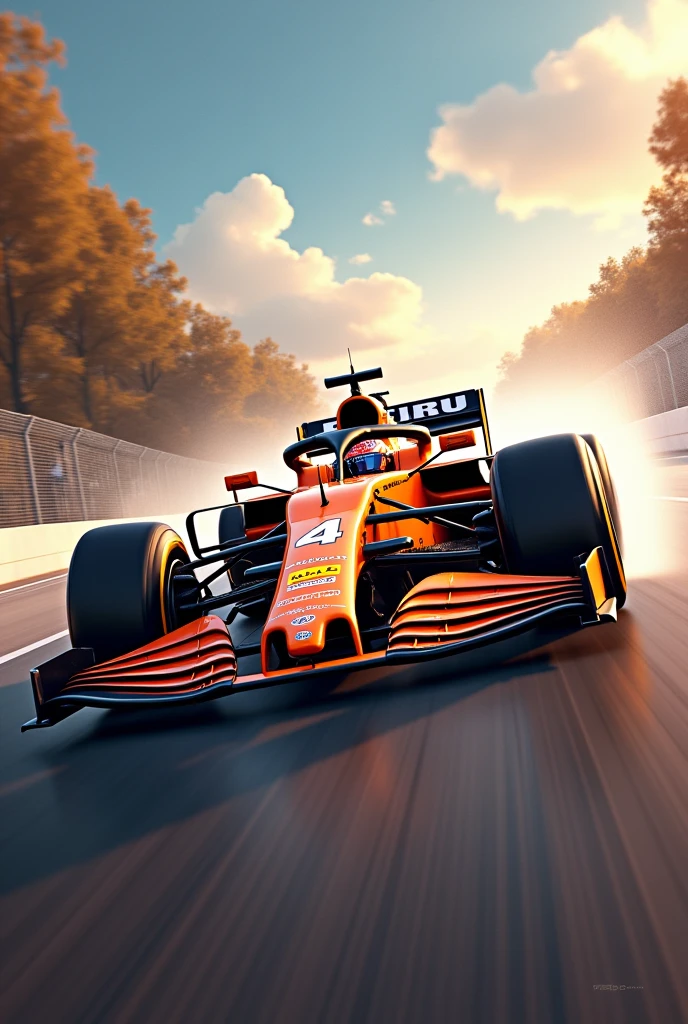 Detailed Background, masterpiece, Highest quality, Orange F1 car,McLaren,run through,Lando Norris,Guts pose,Car number is4
