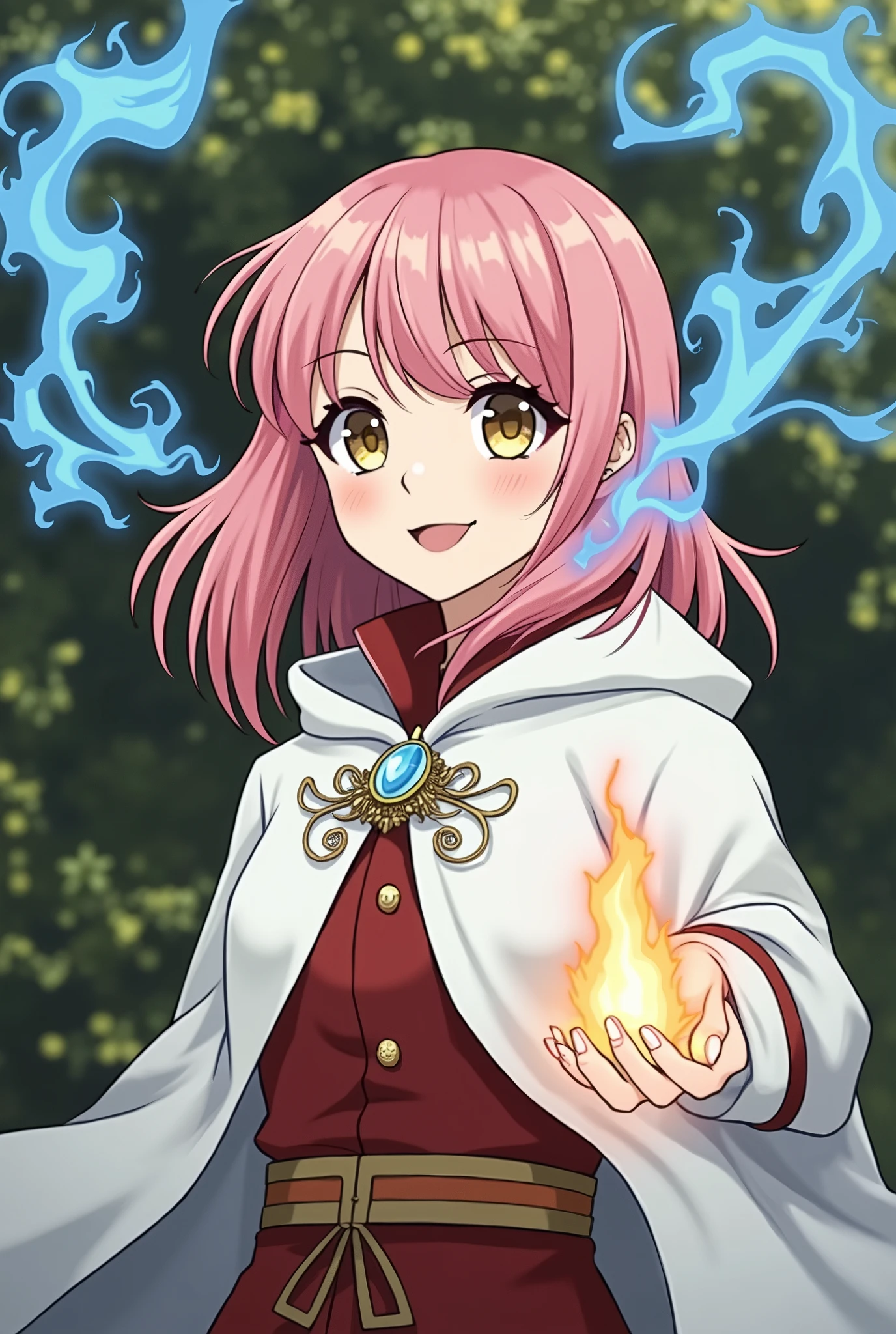 Torax to head of a girl pink-haired using a white cape with an amulet in the center closing it. he is smiling no showing teeths and are using a flame magic from his left hand