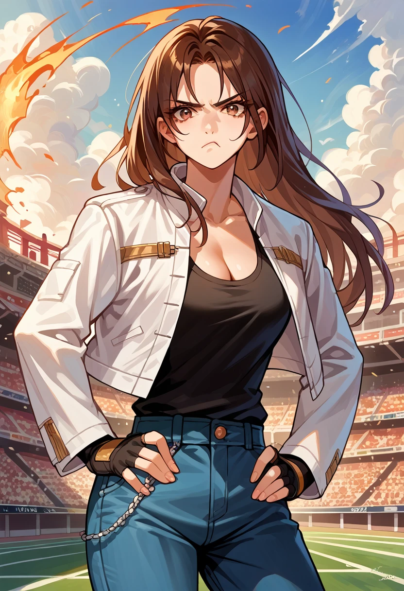 score_9, score_8_up, score_7_up, source_anime, 1girl, solo, (female:1.5), female focus, kyo_nest, brown hair, long hair, brown eyes, white jacket, open jacket, black shirt, blue pants, chain, cleavage, fingerless gloves, standing, pout, hands on hip, looking at you, coliseum