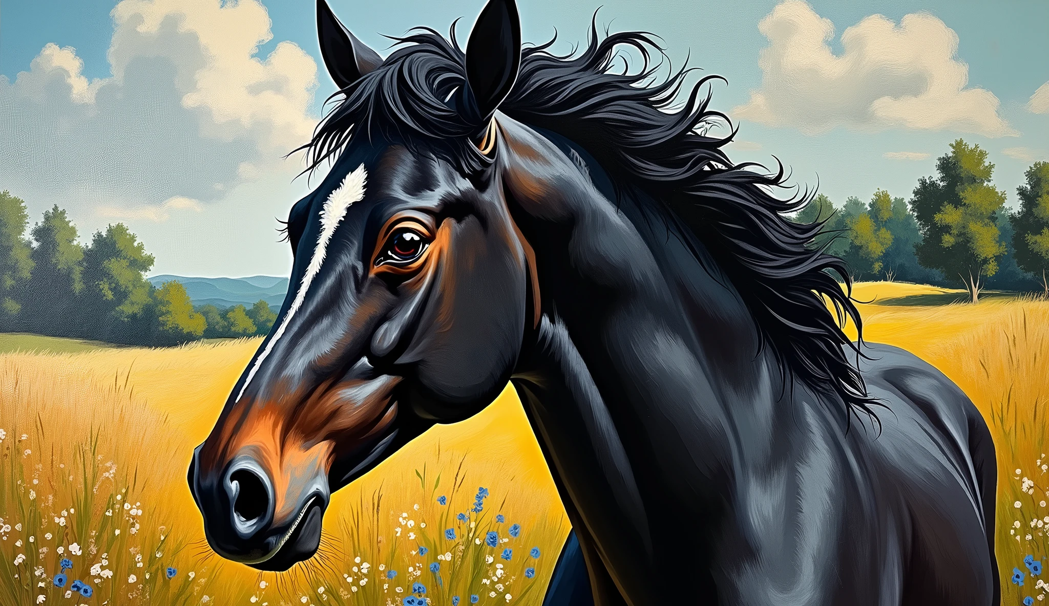 Create random classic masterpieces of Picasso in Ultra-High Definition, 64k resolution oil painting without a frame, using full dimensions of the selected resolution to fit the artwork image, finely detailed to perfection, art-punk, French style, countryside background, art germ, high-octane. A portrait of a young untamed beautiful aggressive black horse, an exact copy of the legendary Black Beauty film horse, an unreal engine, a master stroke of a legendary brush, a tribute to a legendary artist, super realistic, superhit,