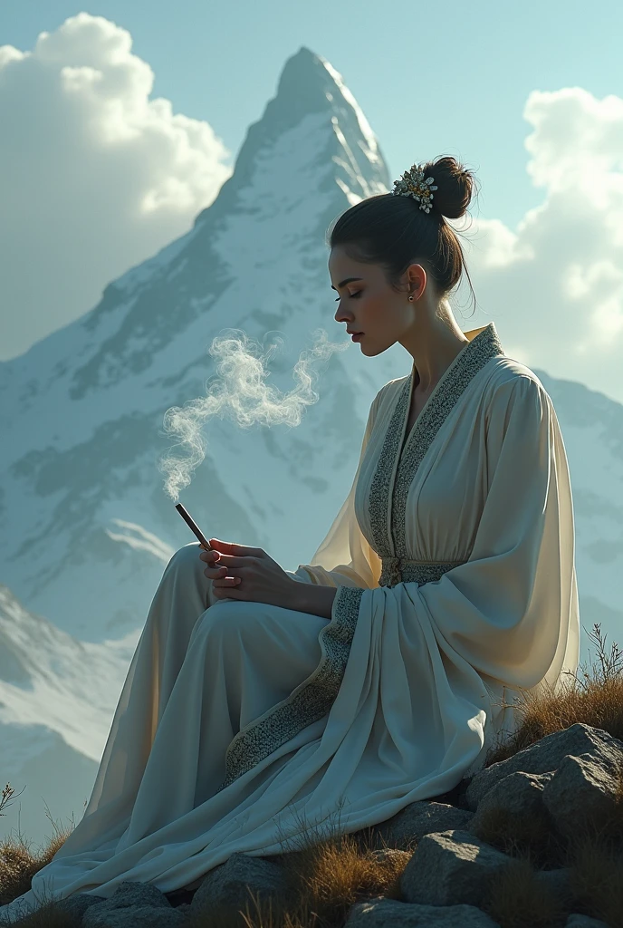 A giant woman sitting and smoking, she is near a mountain 