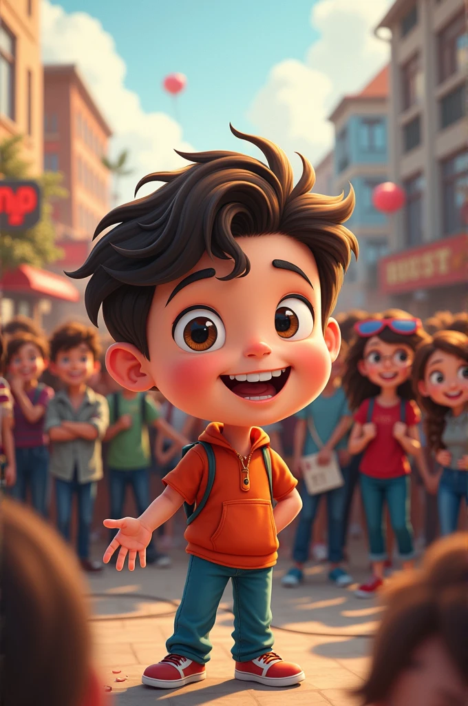 A cartoonist AI image of a boy with a background of crowd