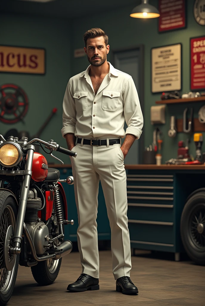moodboard montage, A man standing in a vintage garage, wearing a 1940´s style, white button shirt and pants, looking at a classic motorcycle, (best quality,4k,8k,highres,masterpiece:1.2),ultra-detailed,(realistic,photorealistic,photo-realistic:1.37),detailed clothing, extremely detailed face and eyes,sharp focus,physically-based rendering,professional,vivid colors,dramatic lighting,moody atmosphere,gritty industrial setting,retro palette,vintage aesthetic,luxury fashion,masculine style,automotive details,motorcycle enthusiast