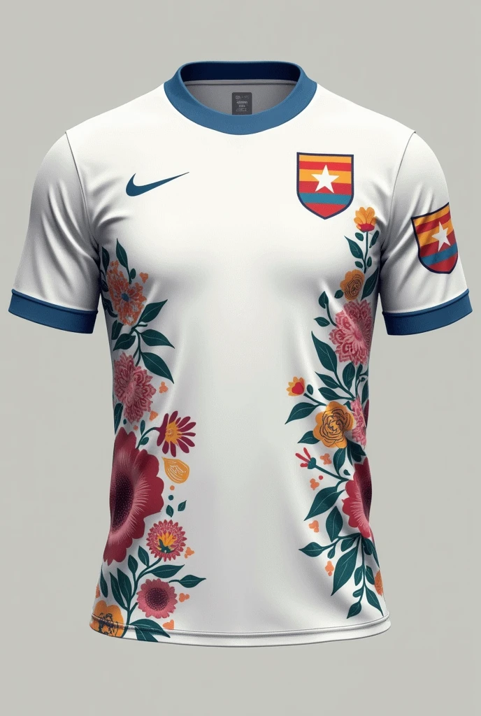 I want to make the jersey which represents to Myanmar. Make neck style is round. Jersey color is white. Put some Myanmar grips line on jersey.