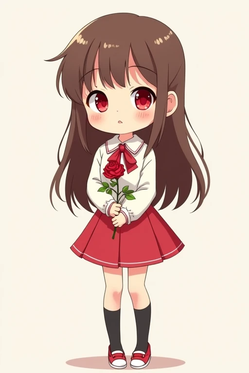 A cute anime girl with long brown hair, red eyes, wearing a simple white dress shirt with a red handkerchief-shaped ribbon, a simple red skirt, black socks, and red shoes with white areas is smiling gently and holding a single red rose in both arms, this is a deformed illustration with a thick outline.