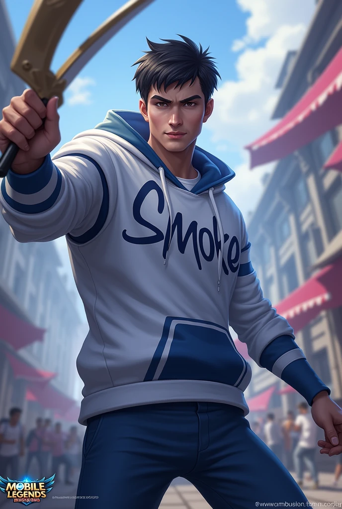 Game name:mobile legends bang bang games. Holding dagger in right hand.
Body size: no muscle man
Outfit: White and blue with clear and not hidden print "smokers".
Background realistic