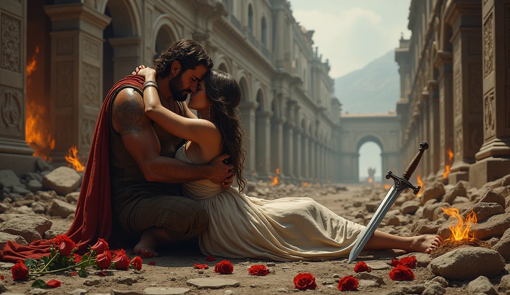 401 a.C; (masterpiece, best quality) destroyed city roses on the floor(Tróia); flowers on the ground; 1Greek soldier kissing his wife(close-up);roman sword on the floor.; fire around.