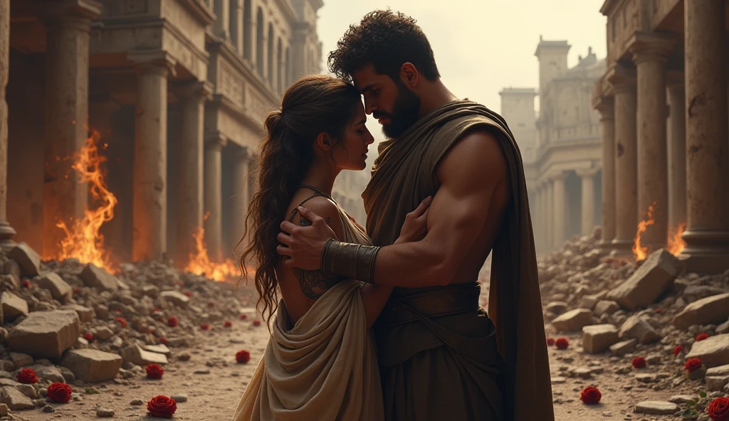401 a.C; (masterpiece, best quality) destroyed city roses on the floor(Tróia); flowers on the ground; 1Greek soldier kissing his wife(close-up);roman sword on the floor.; fire around.