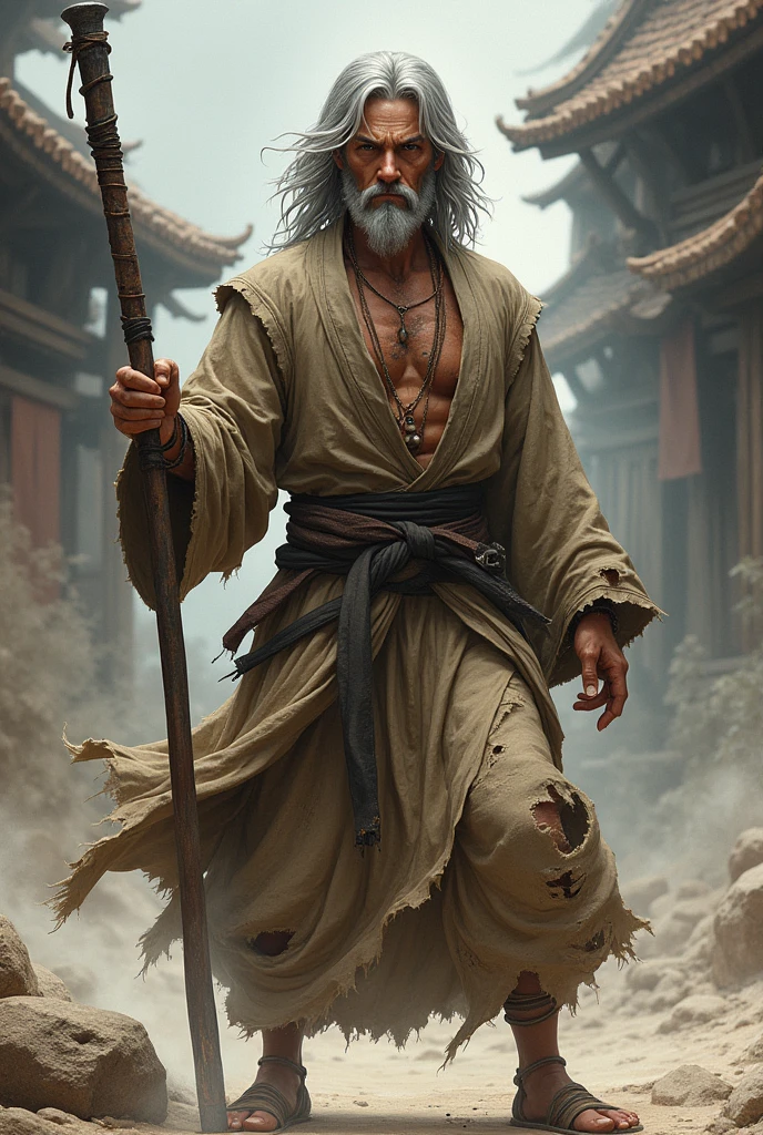 dnd, dungeons and dragons, monk, normal round human ears, human, slender, poor, dirty, homeless, holding a quarterstaff, solo, single person, portrait, action pose, tanned dirty skin, karate, martial arts, medium shaggy greying hair, dark eyes, handsome, male, anime, comic, graphic novel, ripped and torn robes, smelly, fighter, peaceful, monastery, ((masterpiece, best quality)), trending artwork