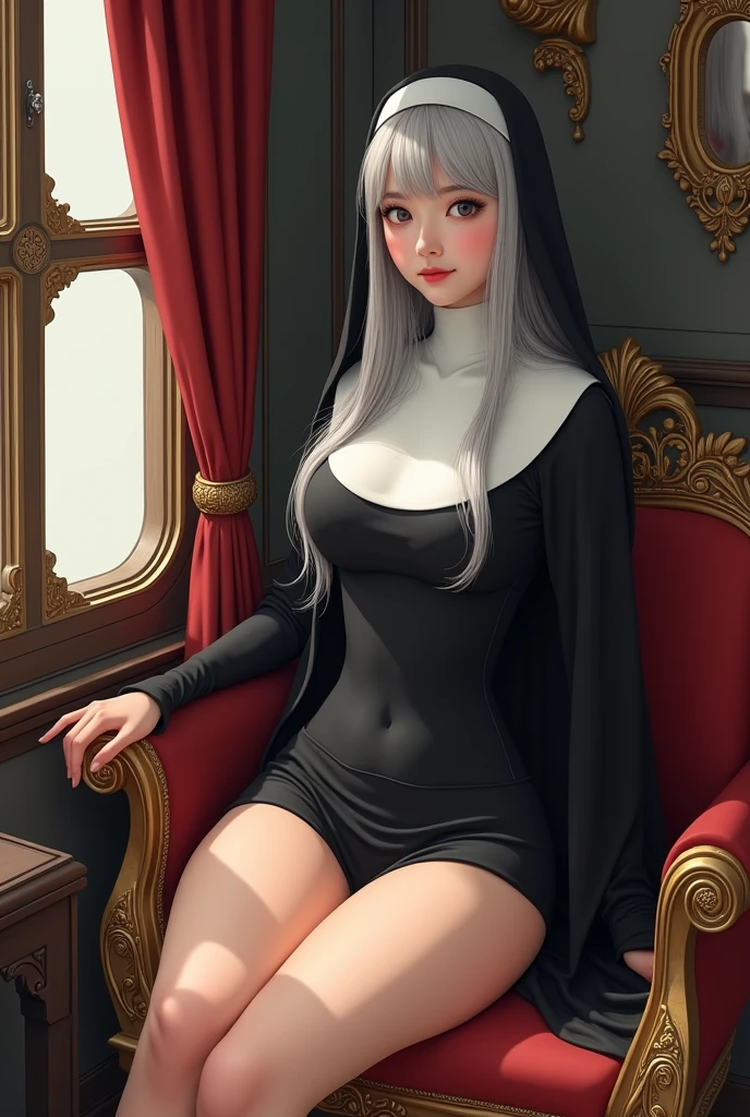 Young woman,​Twenty-five years old, Beautiful face, Asian face, Long silver hair, Wearing a tight nun costume, miniskirt, Central Europe, Big chest, Thin waist, Big butt, Sit inside a luxurious carriage, Middle Ages, Drawing style: Manga 2.5D